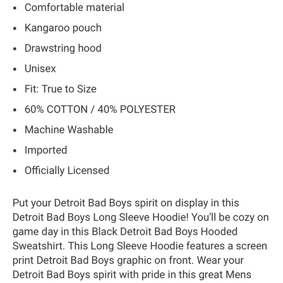 Detroit Bad Boys Hooded Sweatshirt-Long Sleeve-Color/Black-NWOT-Multiple Sizes - Picture 3 of 3